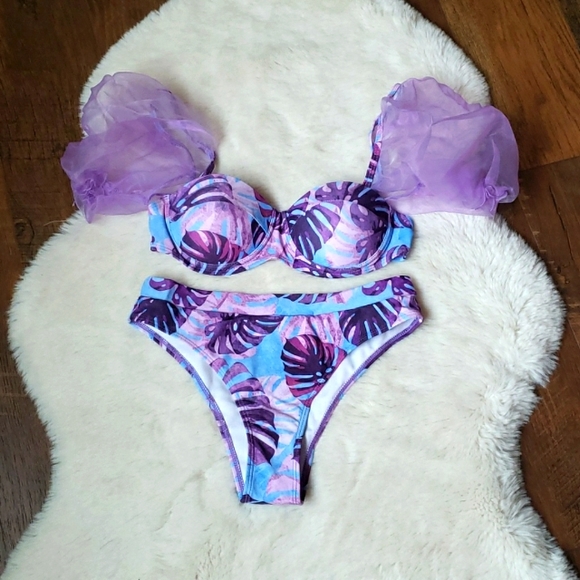 Purple Puff Sleeve Push Up Top Cheeky Bikini Set - Picture 4 of 6